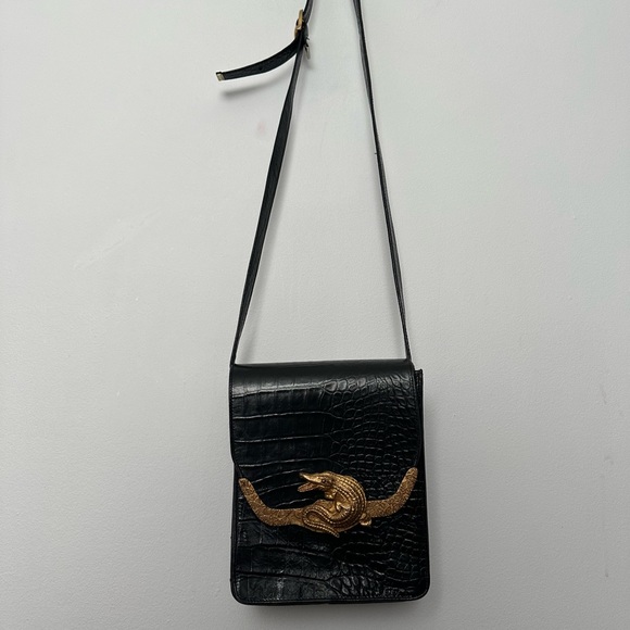 Vintage Black Purse Leather Alligator Skin Embossed Crossbody Shoulder Gold - Picture 11 of 13